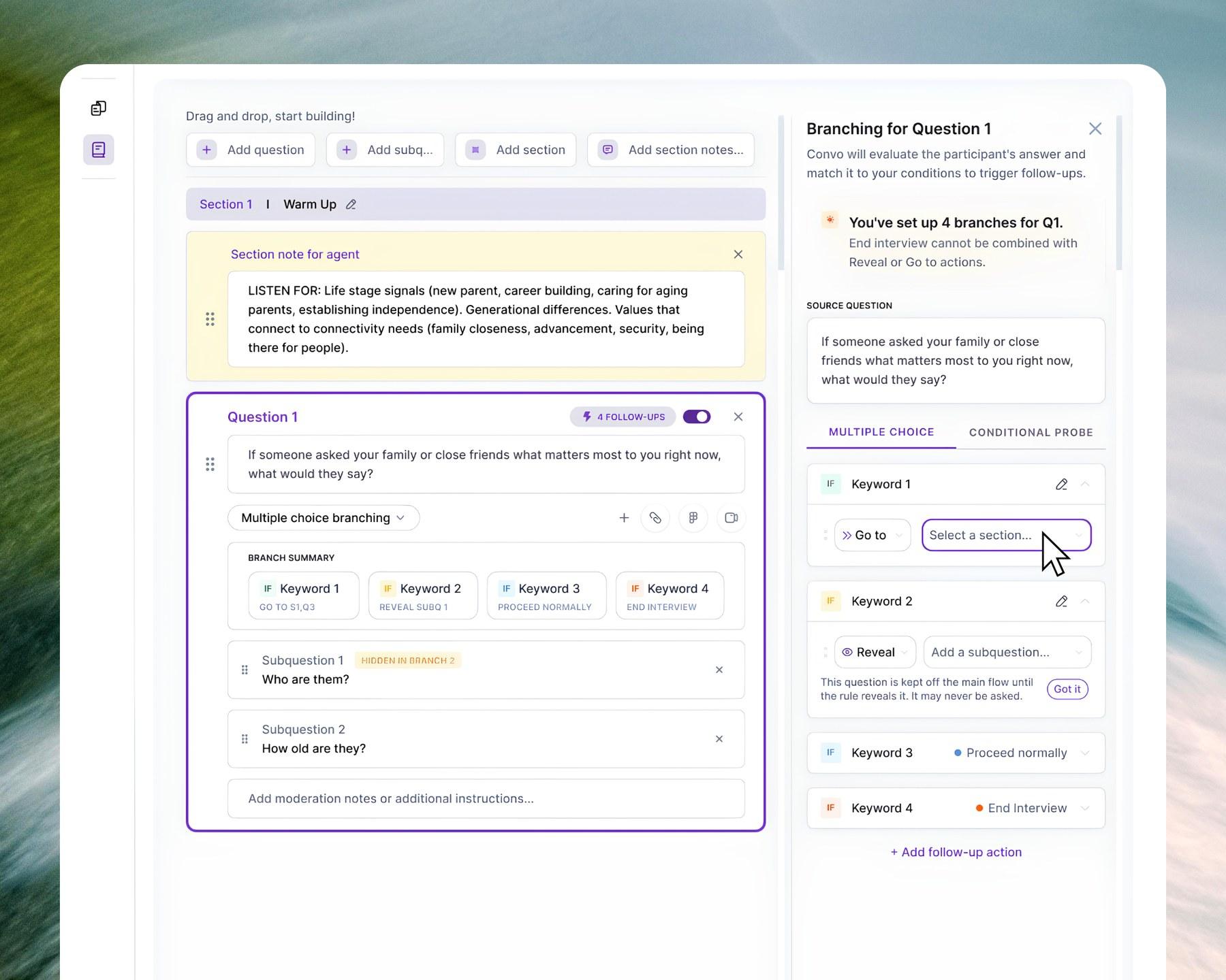 Convo discussion guide with multiple choice branching — four keyword branches routing to sections, follow-ups, or the end of the interview