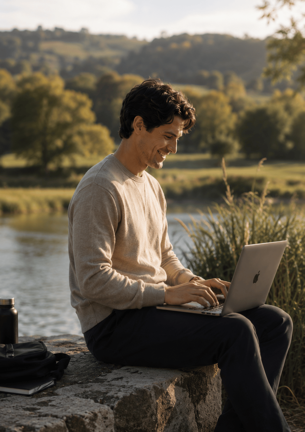 Participant working on a laptop by a lake